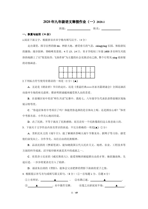 2020年九年级语文寒假作业(有答案)