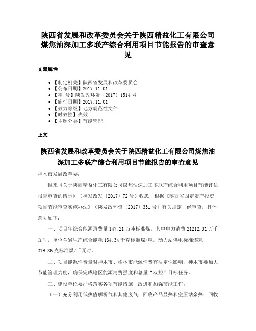 陕西省发展和改革委员会关于陕西精益化工有限公司煤焦油深加工多联产综合利用项目节能报告的审查意见