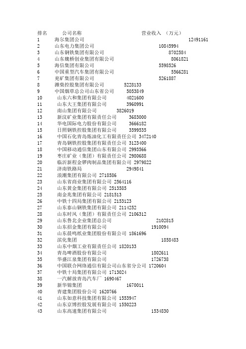 2010年山东企业百强排名(不区分国企与民企)