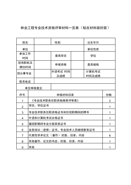 林业工程专业技术资格评审材料一览表