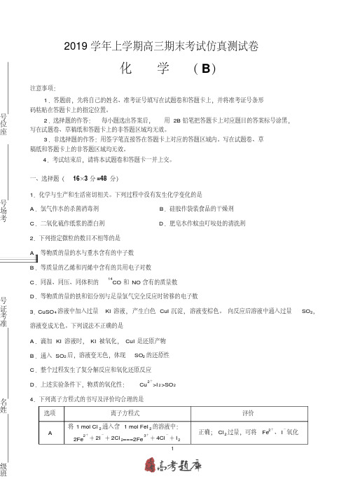 北京人大附中2019届高三上学期期末考试仿真卷化学(B)