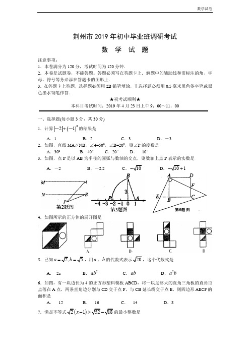 2019年湖北省荆州市初中毕业班调研考试数学试卷及答案