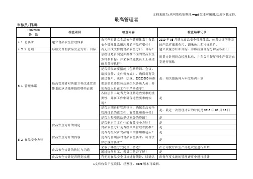 内审检查表食品企业ISO9001、HACCP