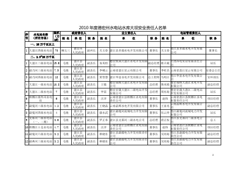 2010年度德宏州水电站水库大坝安全责任人名单