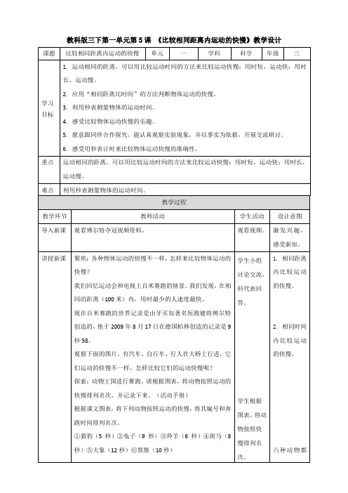 【科学】【新教材】(教科版)小学科学三年级下册第一单元第5课《比较相同距离内运动的快慢》教案