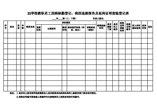 教职员工因病缺勤登记、病因追踪报告及返岗证明查验登记表