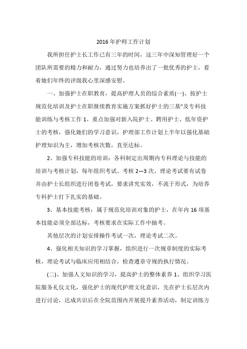 2016年护师工作计划