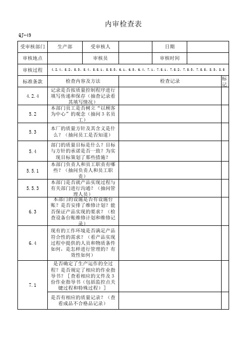 生产部内审检查表