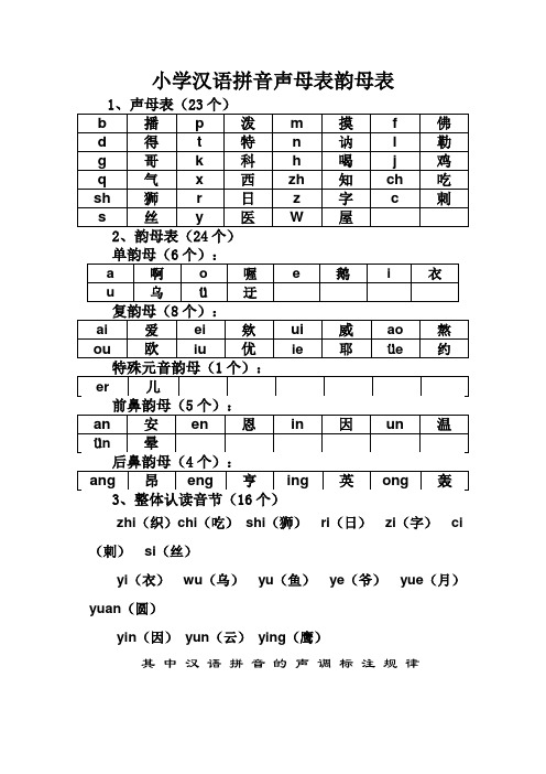 小学汉语拼音声母表、韵母表和整体认读表