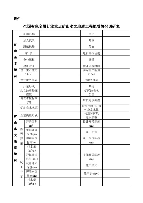 全国有色金属行业重点矿山水文地质工程地质情况调研表