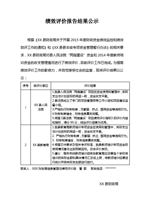 绩效评价报告结果公示【模板】