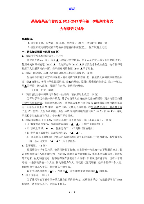 浙江省舟山市普陀区2012-2013学年九年级语文第一学期期末考试试卷 新人教版