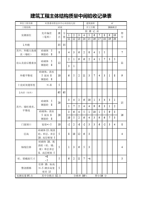 建筑工程主体结构质量中间验收记录表