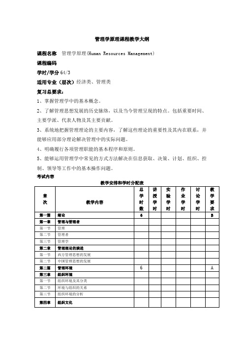 管理学原理考试大纲(马瑛版教材)