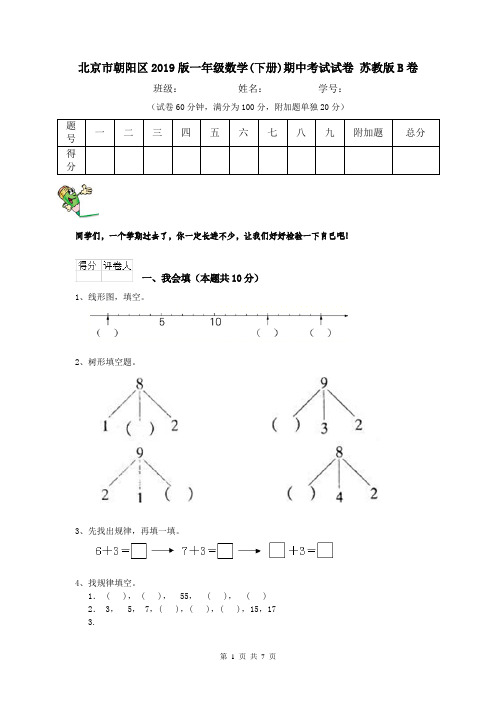 北京市朝阳区2019版一年级数学(下册)期中考试试卷 苏教版B卷