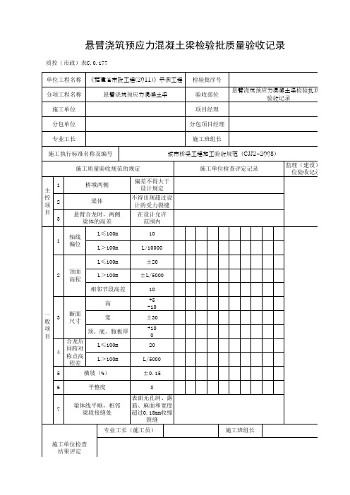 悬臂浇筑预应力混凝土梁检验批质量验收记录