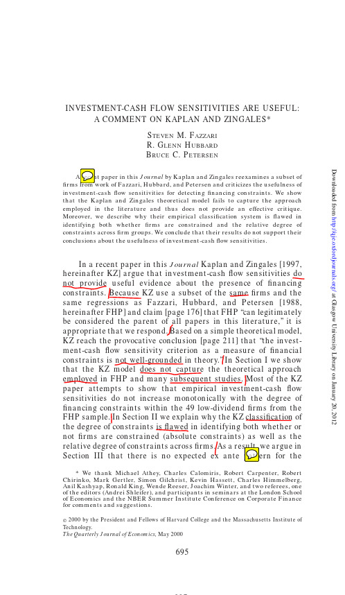 (2000). ‘Investment-cash flow sensitivities are useful. A comment on Kaplan and Zingales’