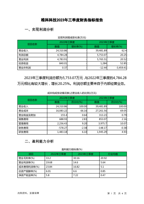 301196唯科科技2023年三季度财务指标报告