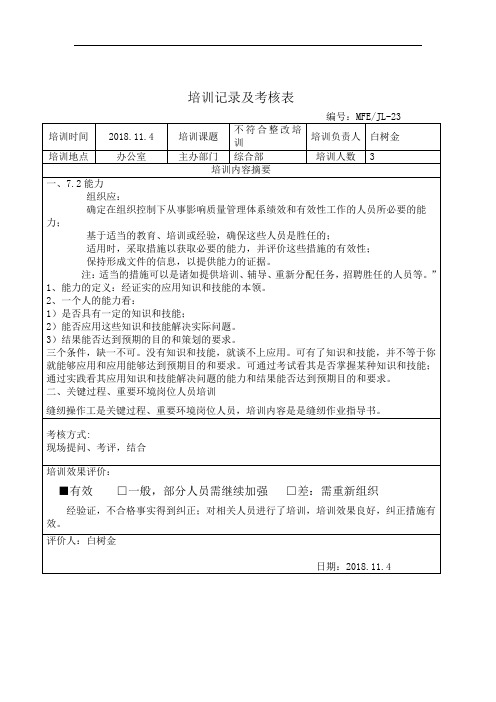 综合部不符合培训记录及考核表