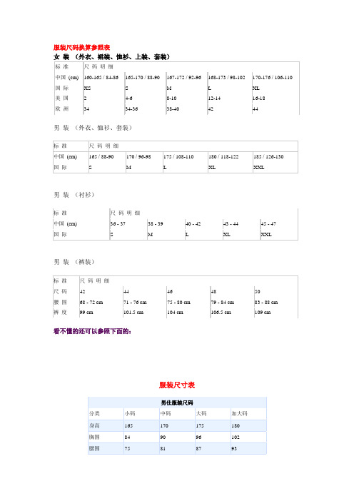 服装尺码换算参照表