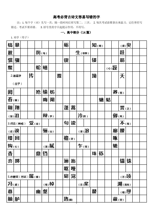 练字:高考必背古诗文默写-容易写错的字