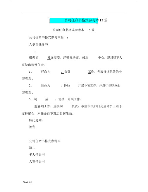 公司任命书格式参考范本13篇.docx