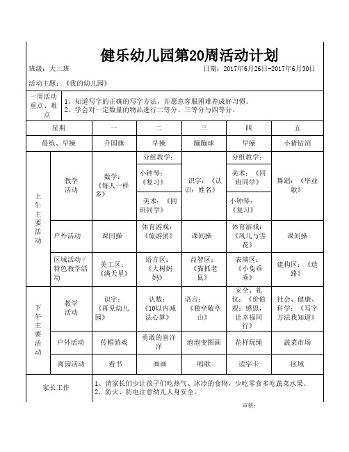 幼儿园大班周计划第20周