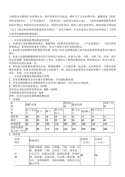 东莞市家用电器维修收费标准.