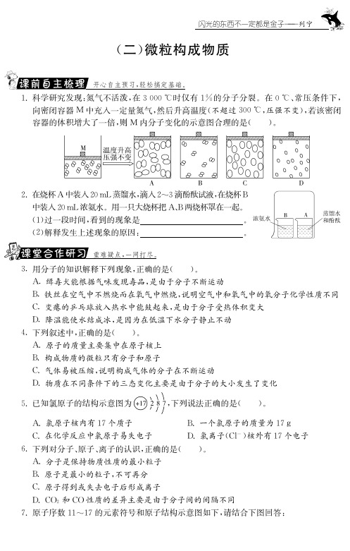 【课课练】九年级化学全册 专题二(二)微粒构成物质测试题(新版)鲁教版