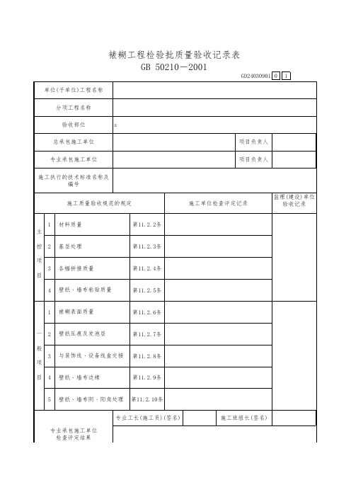 裱糊工程检验批质量验收记录表