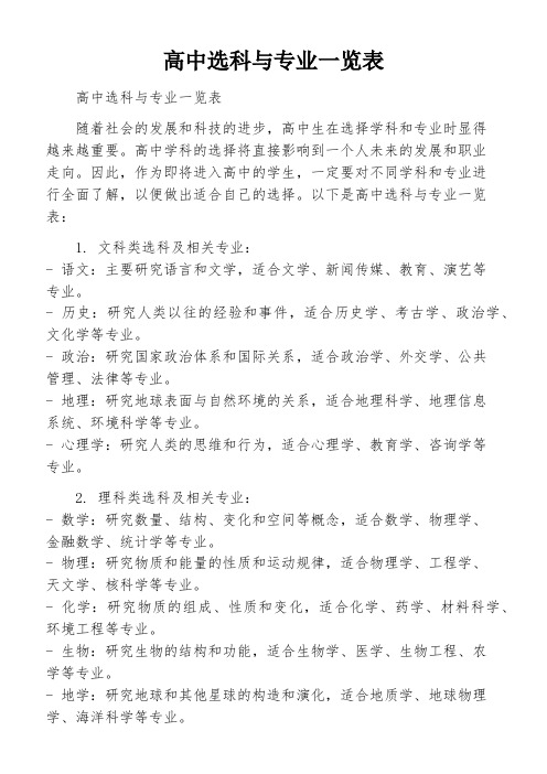 高中选科与专业一览表