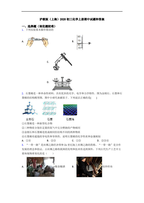 沪教版(上海)2020初三化学上册期中试题和答案