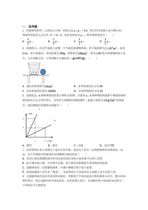 人教版初二物理第二学期第十章浮力单元达标提高题检测试卷