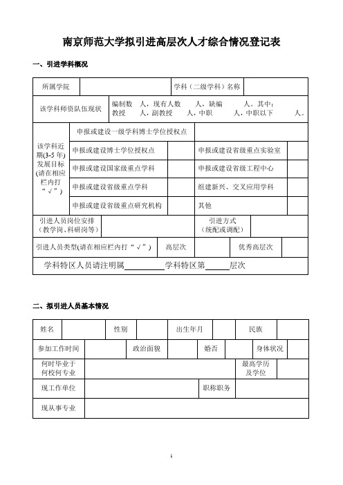 南京师范大学拟引进高层次人才综合情况登记表