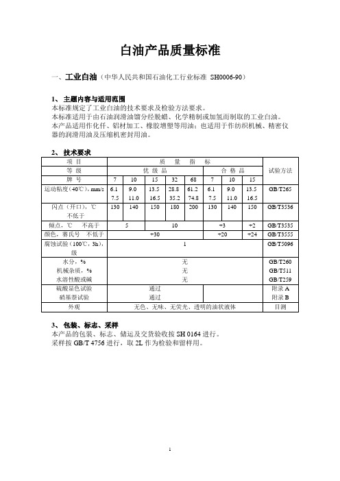 白油产品质量标准