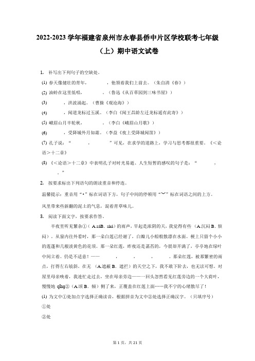 2022-2023学年福建省泉州市永春县侨中片区学校联考七年级(上)期中语文试卷(附答案详解)