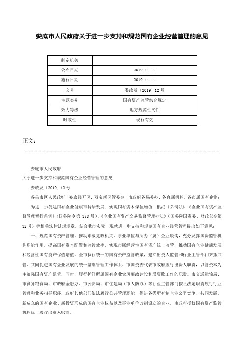 娄底市人民政府关于进一步支持和规范国有企业经营管理的意见-娄政发〔2019〕12号