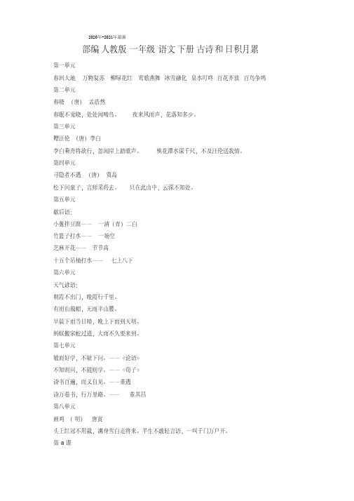2020年-2021年部编版一年级语文下册古诗和日积月累