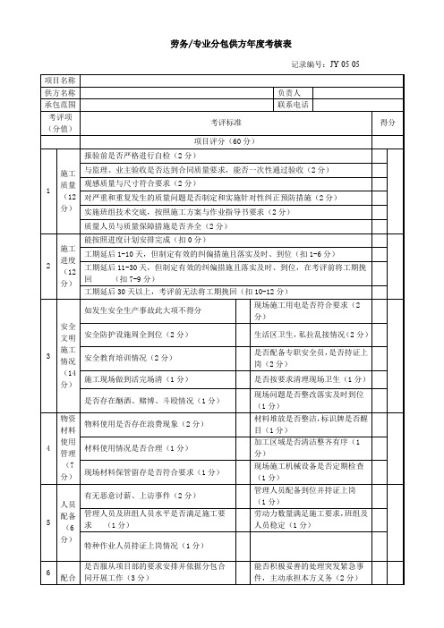 劳务、专业分包供方年度考核表