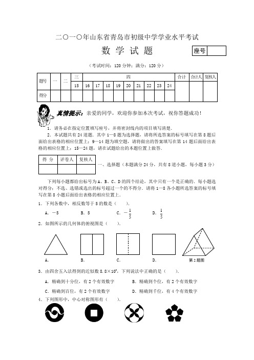 2010年青岛市中考数学试题及答案