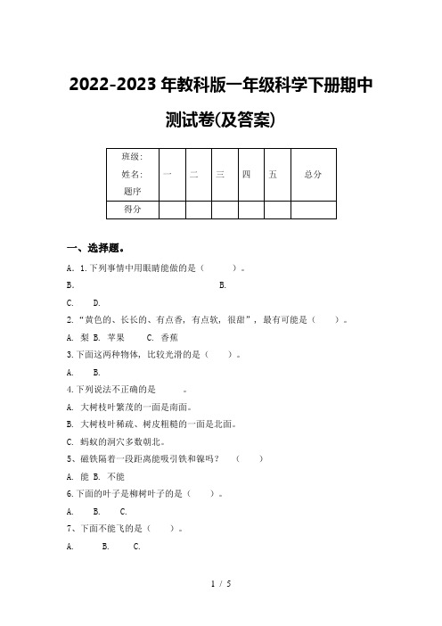 2022-2023年教科版一年级科学下册期中测试卷(及答案)