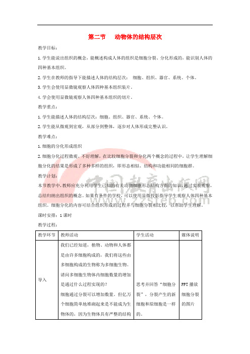 七年级生物上册 2.2.2《动物体的结构层次》教案2 (新版)新人教版