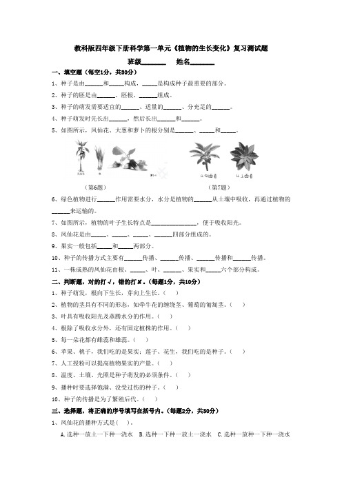 教科版四年级下册科学第一单元《植物的生长变化》复习测试题