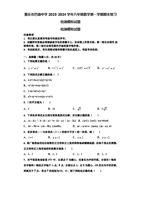 重庆市巴南中学2023-2024学年八年级数学第一学期期末复习检测模拟试题【含解析】