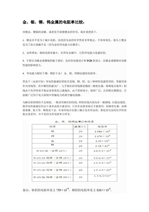 金银铜铝钨金属的电阻率比较