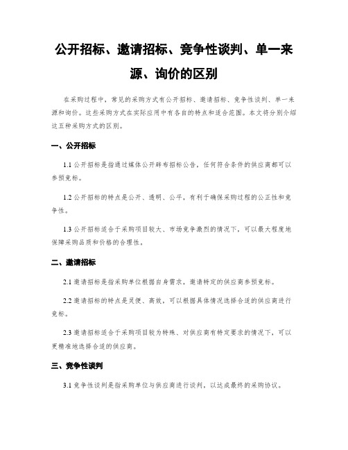 公开招标、邀请招标、竞争性谈判、单一来源、询价的区别