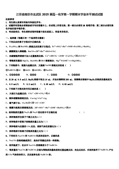 江苏省南京市玄武区2025届高一化学第一学期期末学业水平测试试题含解析