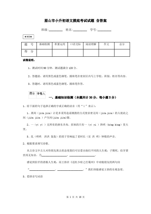 眉山市小升初语文摸底考试试题 含答案