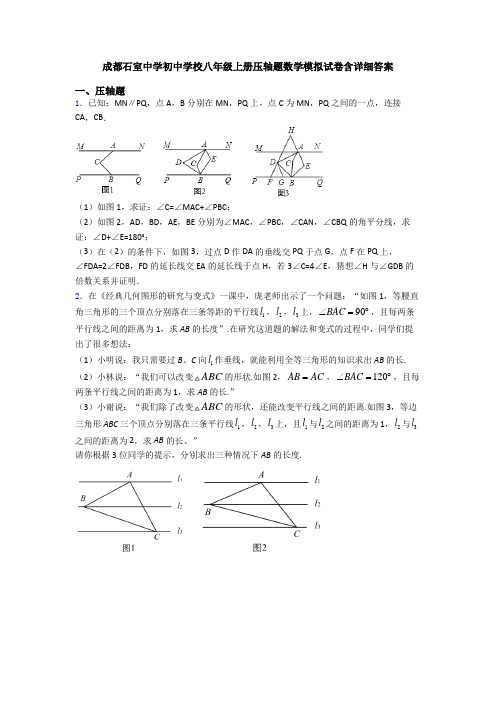 成都石室中学初中学校八年级上册压轴题数学模拟试卷含详细答案