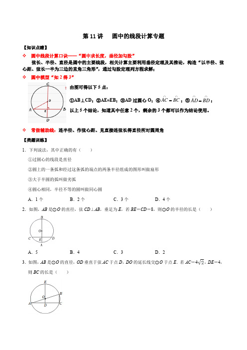 第11讲圆中的线段计算专题九年级数学上学期重难点及章节分类讲义(浙教版)(原卷版)